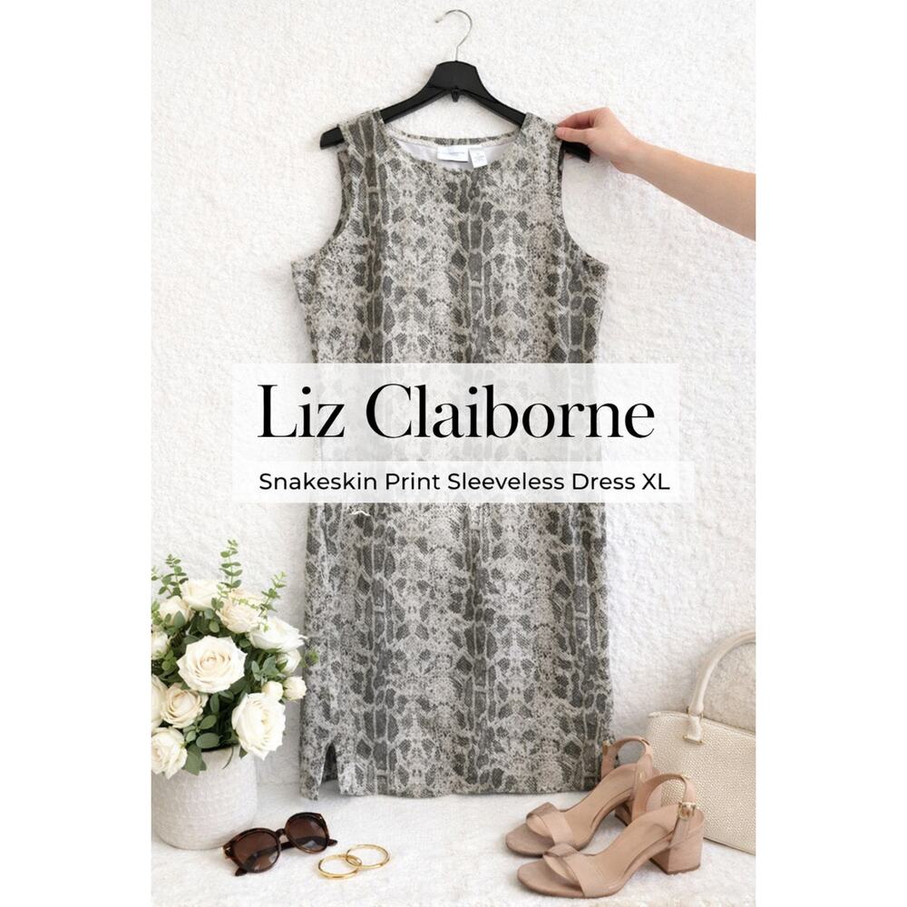 Liz Claiborne Snakeskin Print Sleeveless Dress XL Neutral Cotton Knee Length